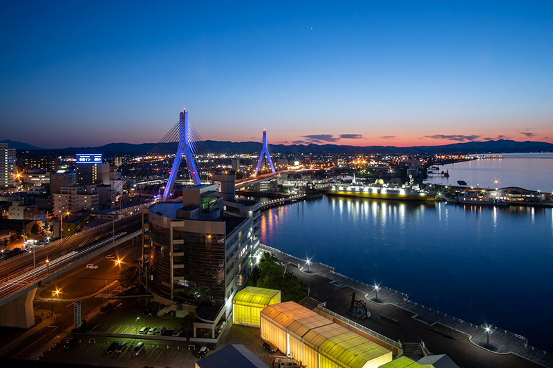 港と大きな橋を写った夜景。青森・柳川