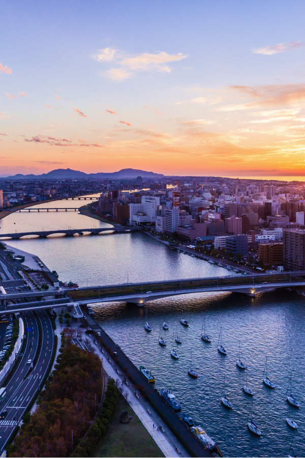 新潟市の風景。信濃川と柳都大橋を上空から見下ろした写真